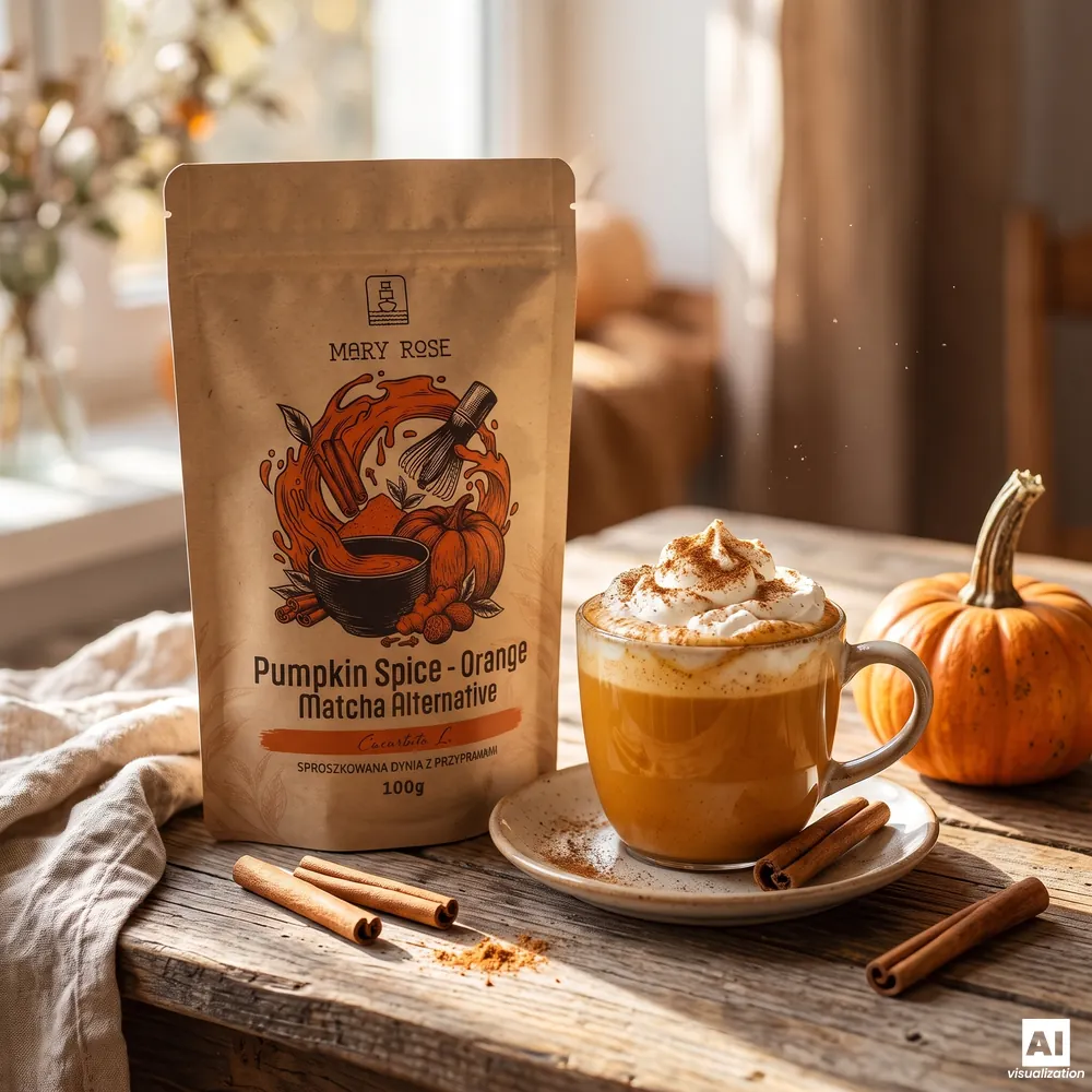 Orange matcha Mary Rose Pumpkin Spice z dyniowym latte z bitą śmietaną, cynamonem i dynią.