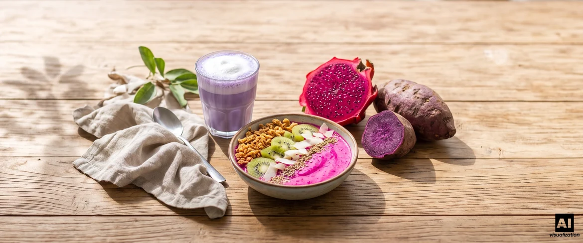 Różowy smoothie bowl ze smoczym owocem i fioletowe ube latte obok przekrojonej pitai i bulwy ube.