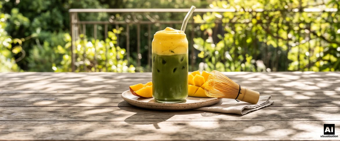 Warstwowe matcha latte mango z żółtą pianką na zielonej matchy, obok plastry mango i miotełka chasen.