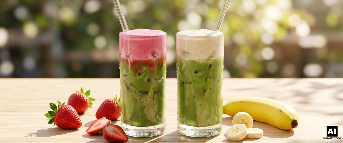 Zielona matcha latte z truskawkową i bananową pianką cold foam w wysokich szklankach obok owoców.