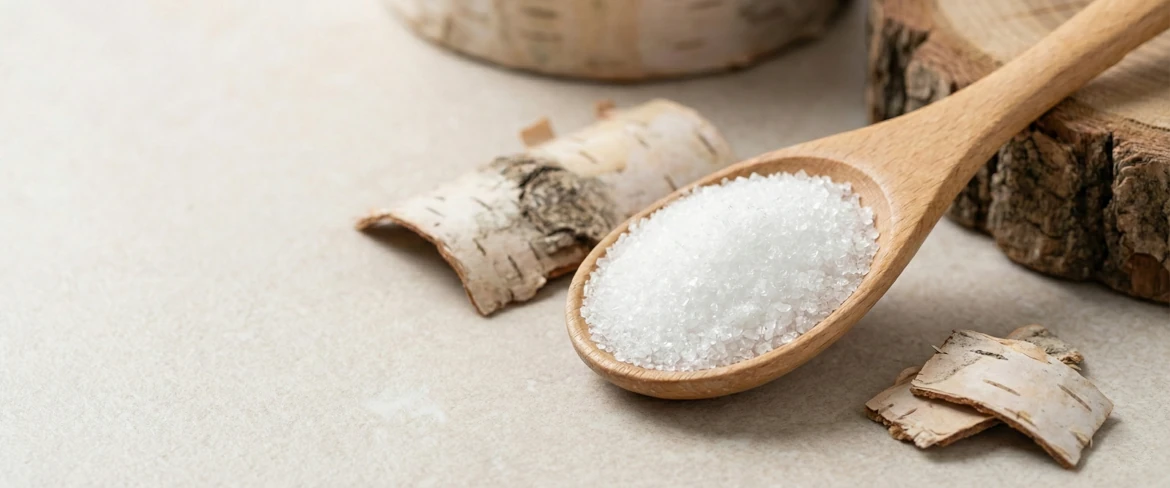 Ksylitol co to – cukier brzozowy w kryształkach na drewnianej łyżce