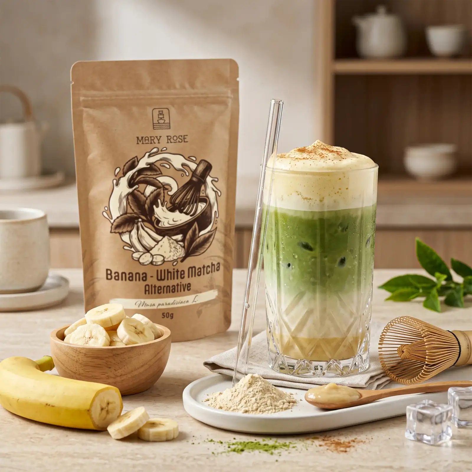 Kremowe, owocowe latte z dodatkiem liofilizowanego banana w postaci White Matcha Alternative od Mary Rose