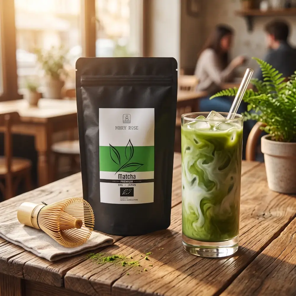 Dobra matcha japońska w klasie premium od Mary Rose w czarnym opakowaniu, zaserwowana jako mleczne latte na zimno