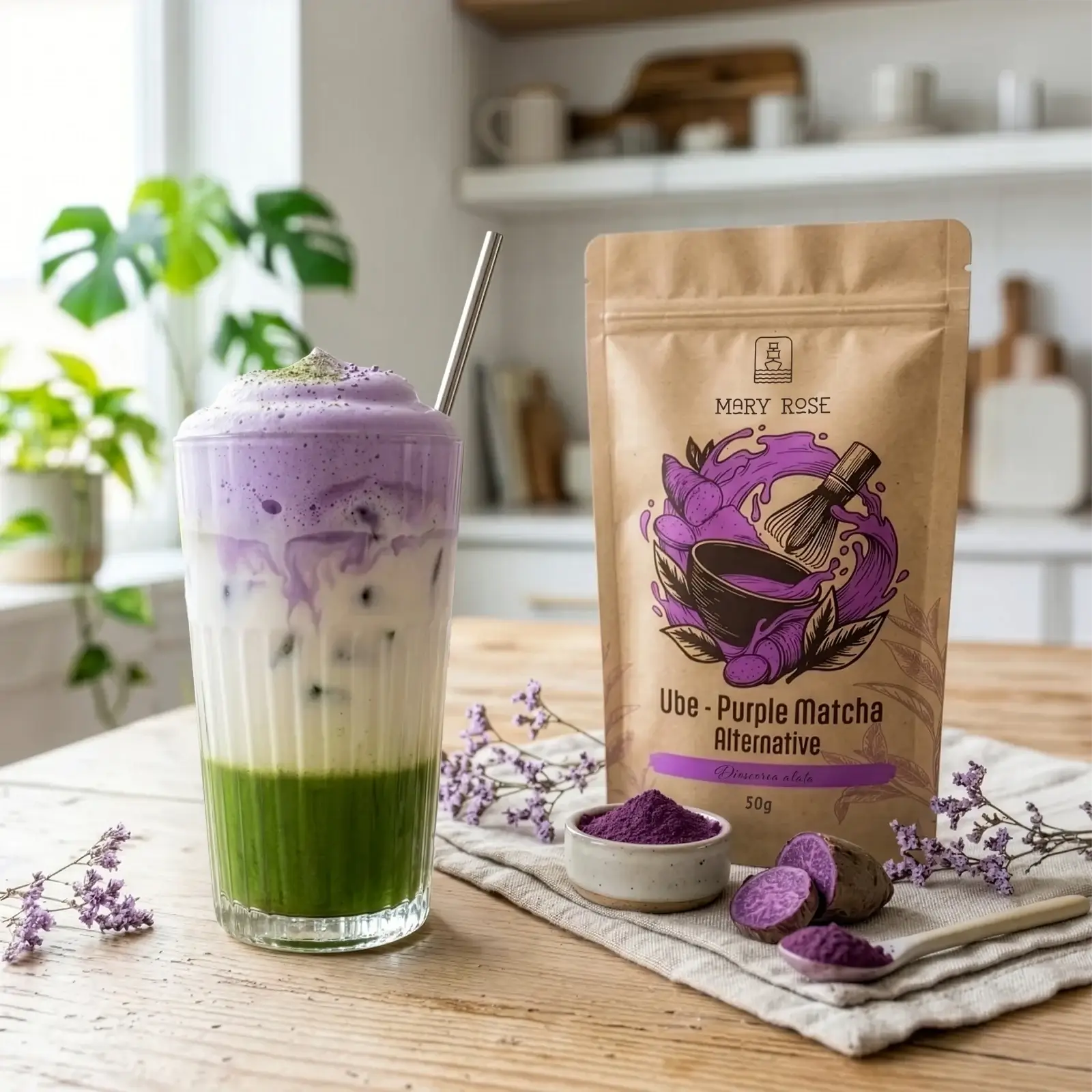 Fioletowe, warstwowe latte z lodem przygotowane na bazie Purple Matcha Alternative z ube od Mary Rose
