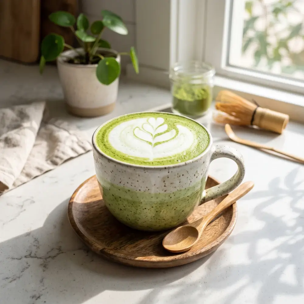 Gorąca matcha latte z pięknym latte art w ceramicznym kubku na stole. Prosty przepis na pyszną matchę z mlekiem.