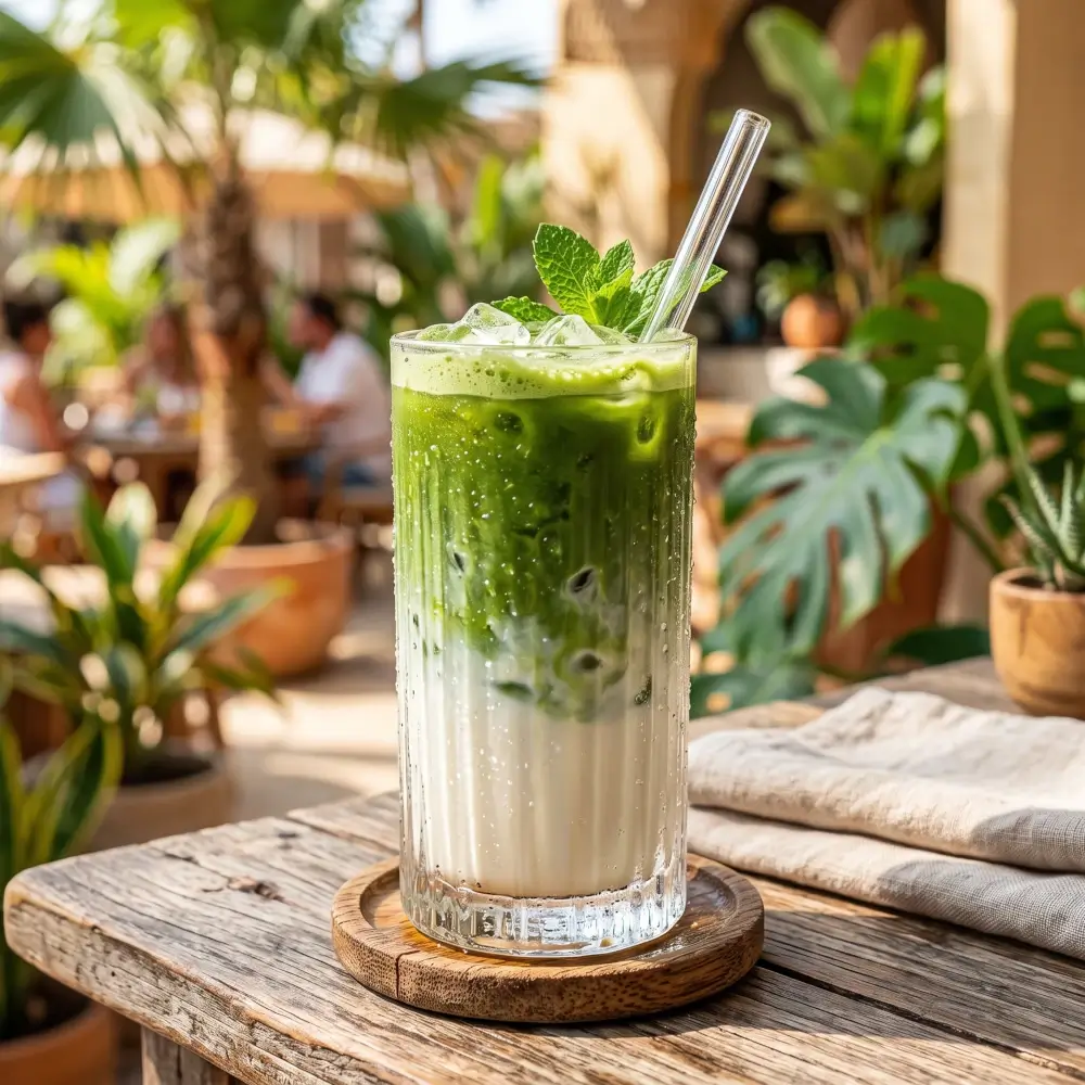 Warstwowe matcha latte na zimno w wysokiej szklance z kostkami lodu. Idealny przepis na letnie orzeźwienie.