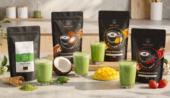 Cztery opakowania matcha latte Mary Rose oraz orzeźwiająca matcha smakowa w szklankach z owocami na blacie kuchennym.