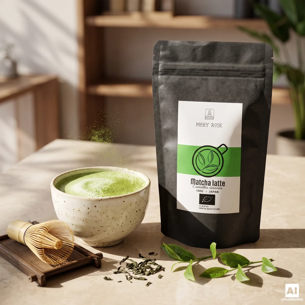 Ekologiczna matcha Mary Rose Matcha Latte BIO w torebce obok ceramicznej czarki z zielonym napojem, miotełki chasen i liści.