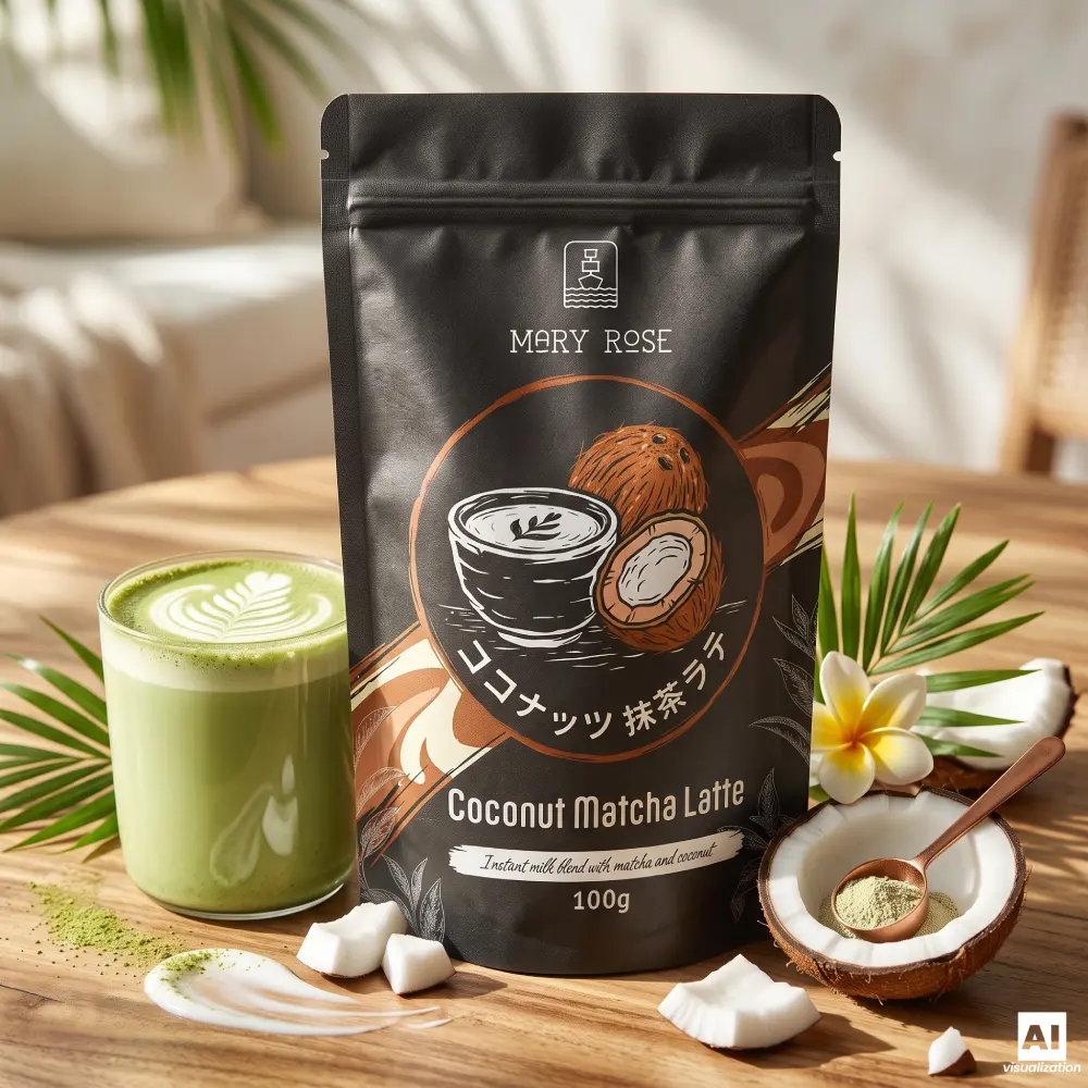 Opakowanie Coconut Matcha Latte Mary Rose obok zielonej matchy z mlekiem kokosowym oraz świeżo rozłupanych orzechów.