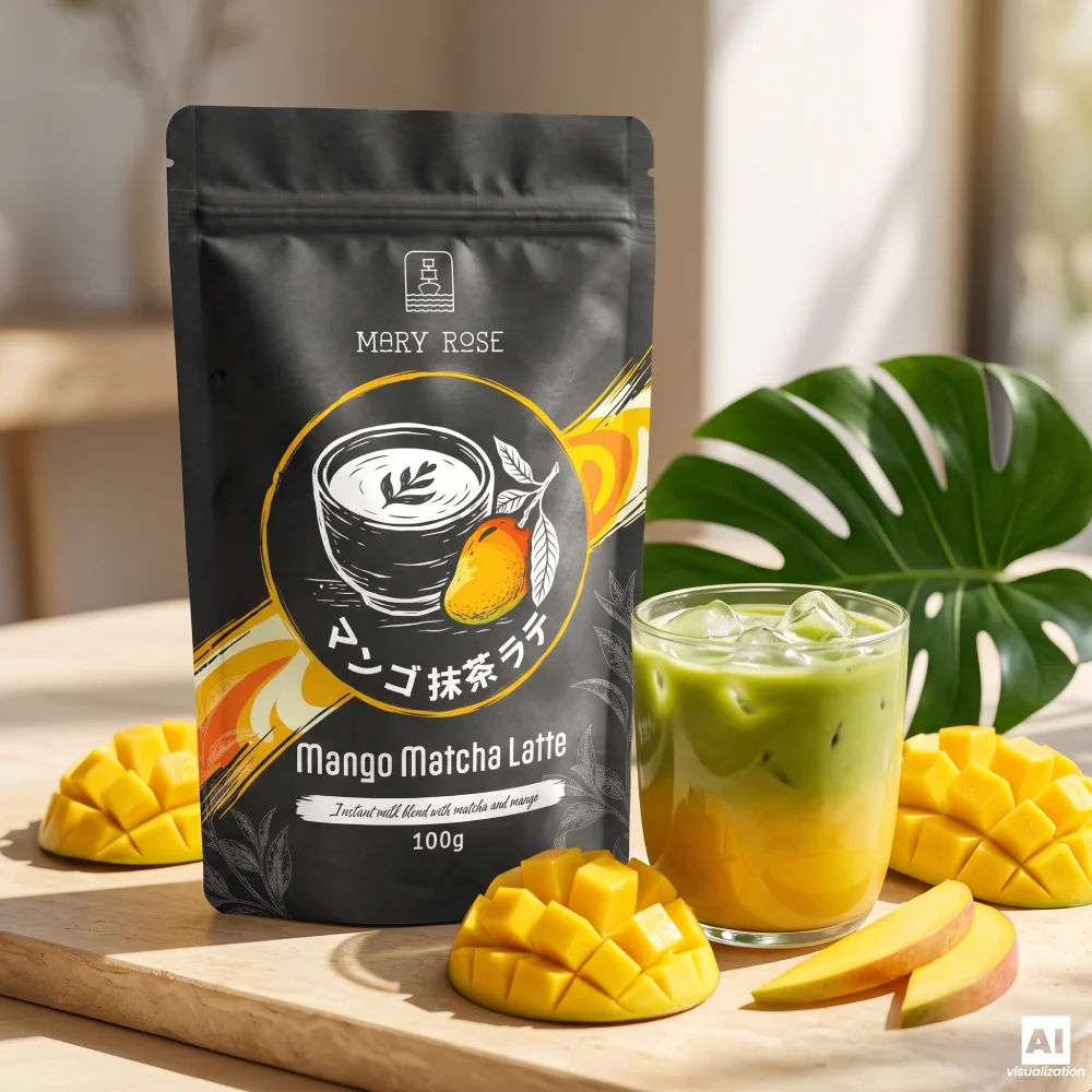 Opakowanie Mango Matcha Latte Mary Rose obok szklanki mrożonej herbaty z lodem oraz pokrojonych w kostkę owoców mango.