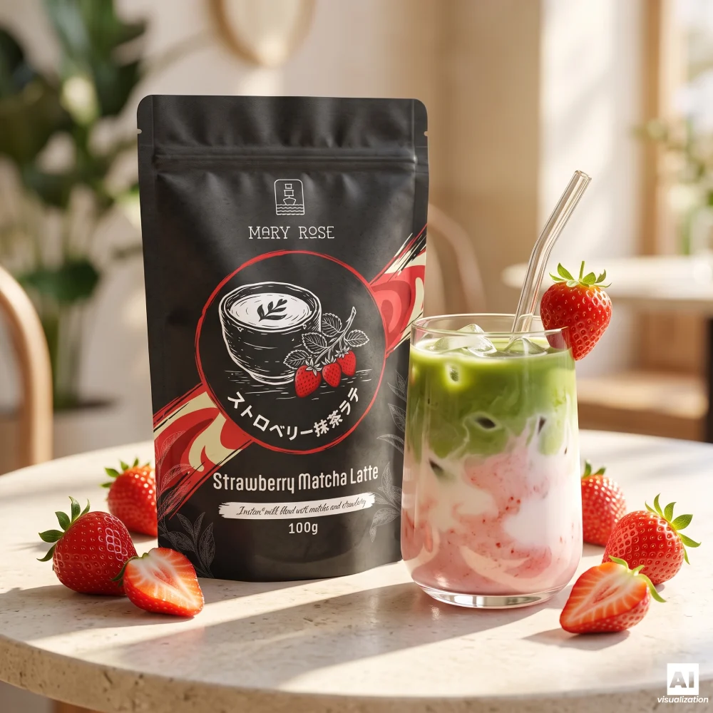 Torebka Strawberry Matcha Latte Mary Rose obok szklanki napoju matcha latte truskawkowego oraz świeżych czerwonych owoców.