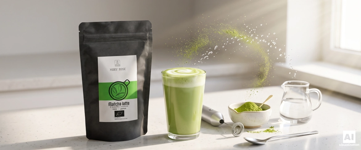 Opakowanie matcha Mary Rose Matcha Latte BIO, szklanka zielonej matchy z mlekiem, ręczny spieniacz oraz miseczka z proszkiem.