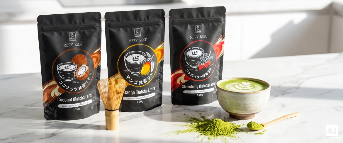Trzy opakowania Matcha Latte Mary Rose w wersjach owocowych obok tradycyjnej czarki z herbatą, miotełki i proszku.