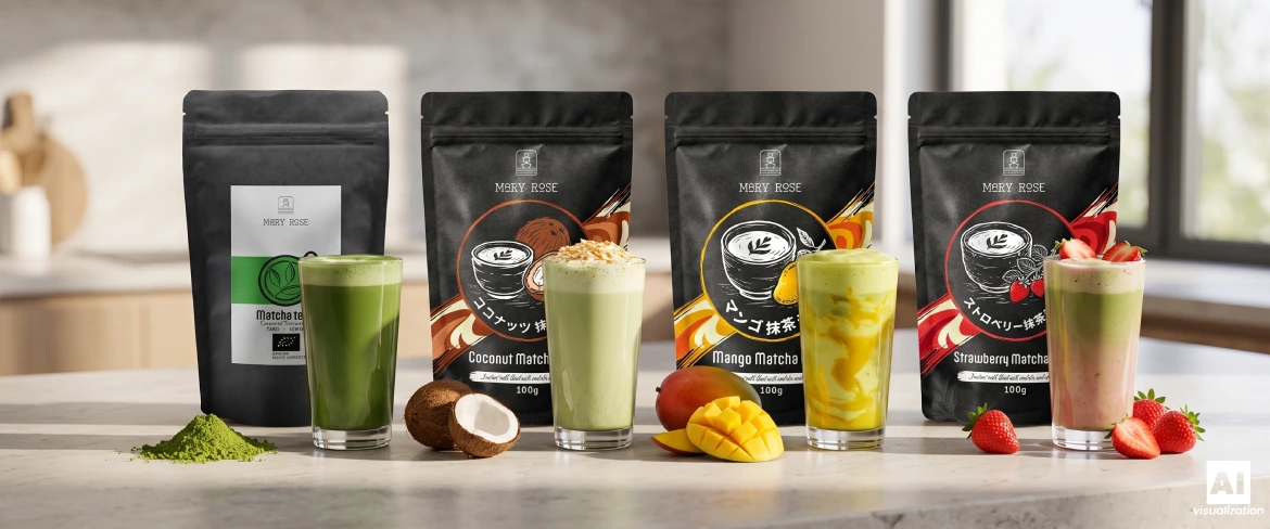 Cztery gotowe mieszanki Matcha Latte Mary Rose w towarzystwie szklanek z napojami, kawałków mango, kokosa i truskawek.