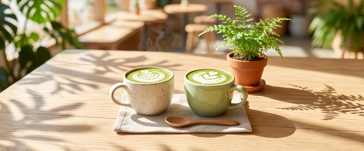 Dwa kubki ciepłej klasycznej matcha latte z pięknym wzorem na piance.