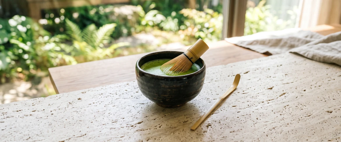 Tradycyjna czarka z przygotowaną zieloną herbatą matcha i miotełką.