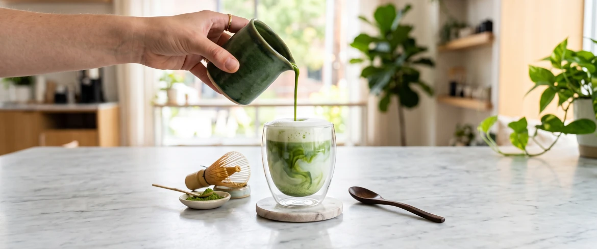 Przelewanie naparu z zielonej herbaty do szklanki ze spienionym mlekiem. Tak powstaje pyszny przepis na matcha latte.