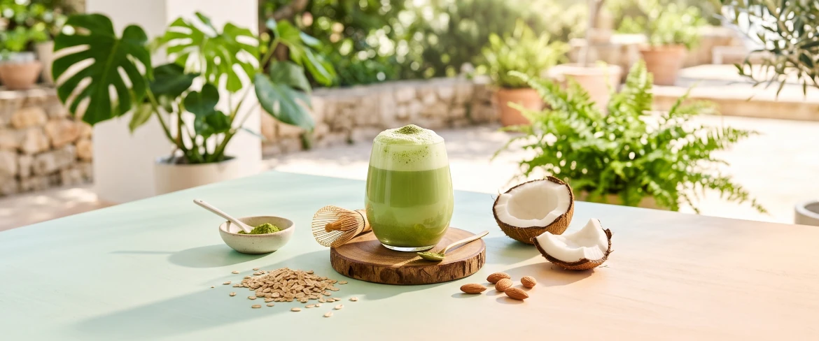 Zielona matcha z mlekiem roślinnym w szklance. Obok leżą migdały, połówki kokosa, płatki owsiane i miotełka bambusowa.