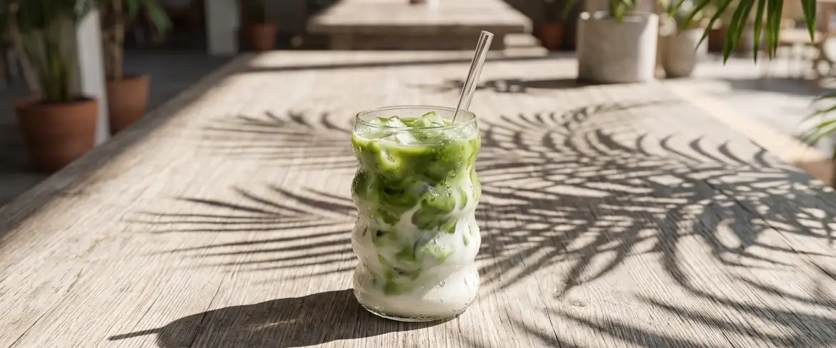 Orzeźwiające matcha latte na zimno z kostkami lodu i szklaną rurką. Napój stoi na drewnianym stole w cieniu liści palmy.