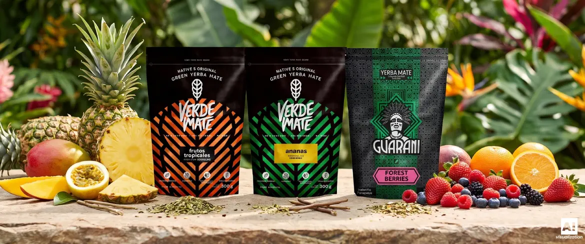 Doypacki owocowych yerba mate Verde Mate i Guarani wśród tropikalnych owoców.