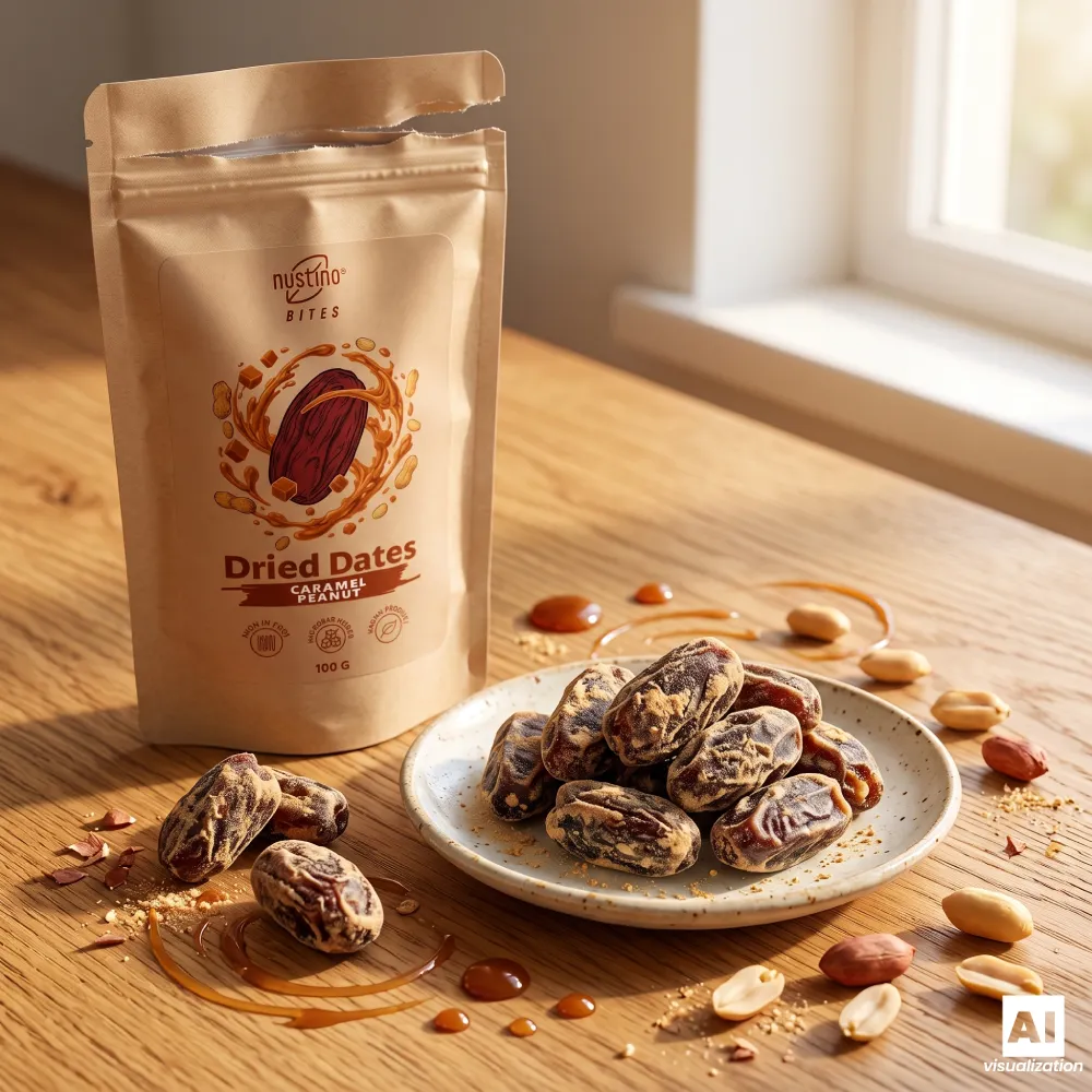 Nustino Bites Caramel Peanut, daktyle smakowe w orzechowej posypce na stole.
