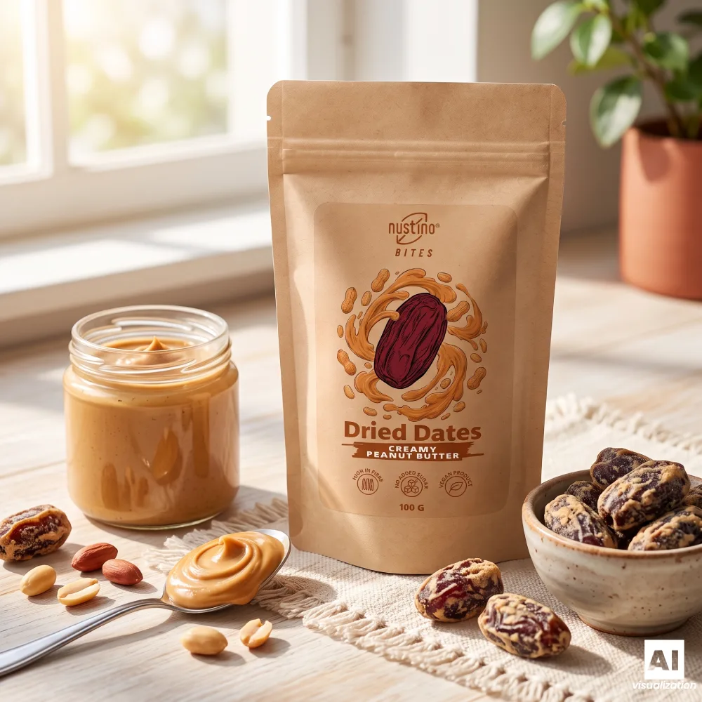 Nustino Bites Creamy Peanut Butter z masłem orzechowym i daktylami w posypce.