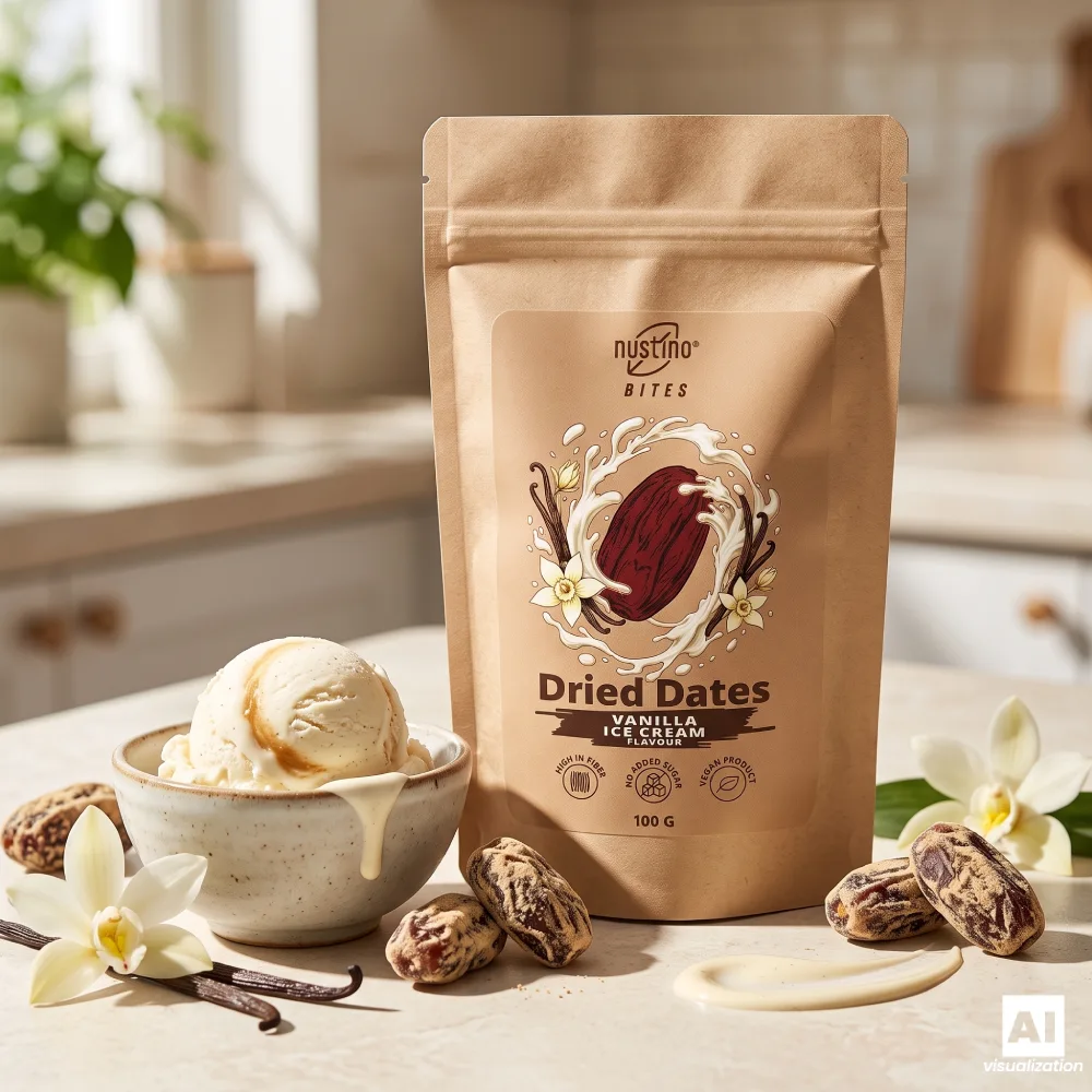 Nustino Bites Vanilla Ice Cream z lodami waniliowymi i daktylami smakowymi.