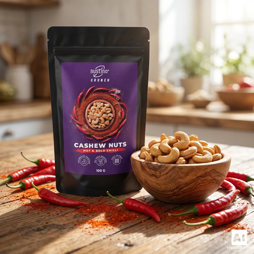Nustino Crunch Hot & Bold Chilli, prażone nerkowce z papryczkami chilli.