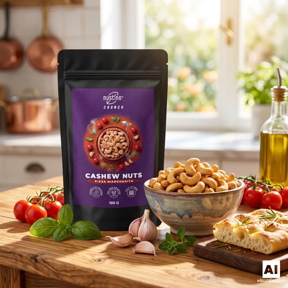Nustino Crunch Pizza Margherita, prażone nerkowce z pomidorami, bazylią i ziołami.