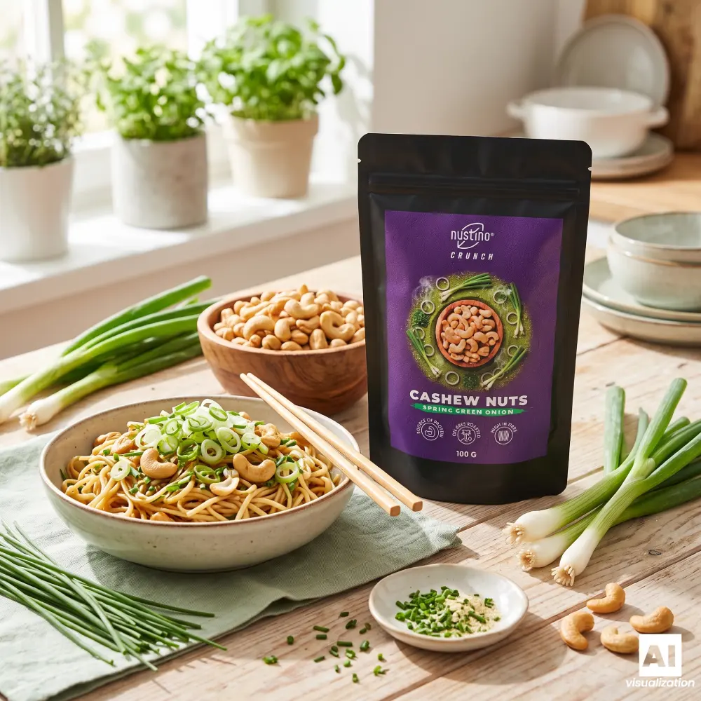 Nustino Crunch Spring Green Onion, prażone nerkowce z zieloną cebulką i szczypiorkiem.