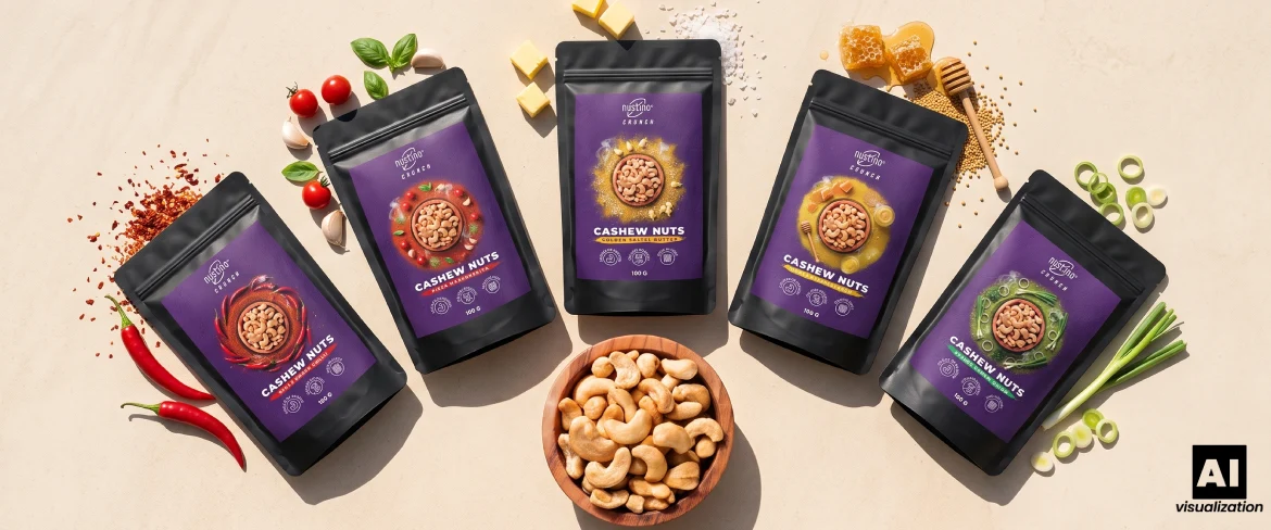 Pięć opakowań Nustino Crunch z prażonymi nerkowcami w różnych smakach.