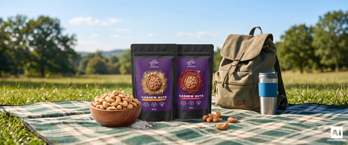 Prażone nerkowce Nustino Crunch na pikniku z plecakiem i kubkiem termicznym.