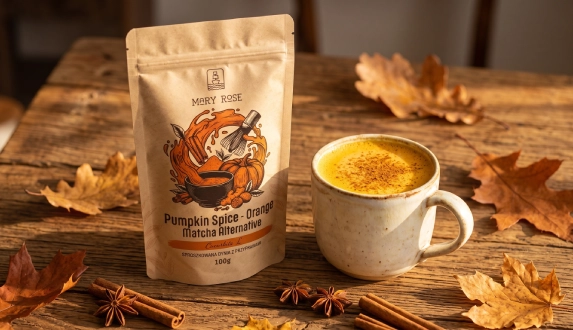 Doypack Mary Rose Orange Matcha Pumpkin Spice i kubek dyniowego latte wśród jesiennych liści i przypraw.