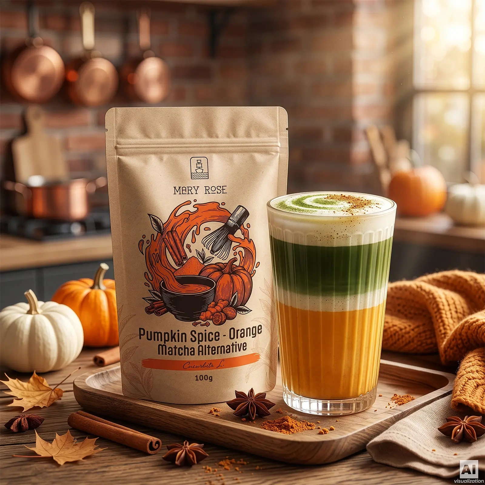 Doypack Mary Rose Orange Matcha Pumpkin Spice obok warstwowego Pumpkin Spice Matcha Latte.