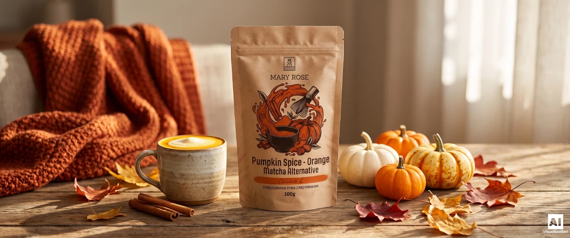 Doypack Orange Matcha Pumpkin Spice, dyniowe latte, miniaturowe dynie i jesienne liście.