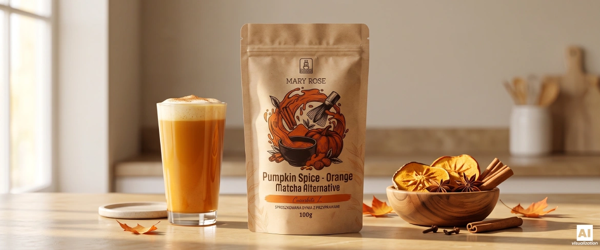 Pumpkin Spice Matcha Latte obok doypacka Mary Rose i dyń.