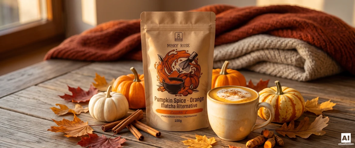 Doypack Mary Rose Orange Matcha Pumpkin Spice i pomarańczowe latte na jesiennej aranżacji z dyniami.