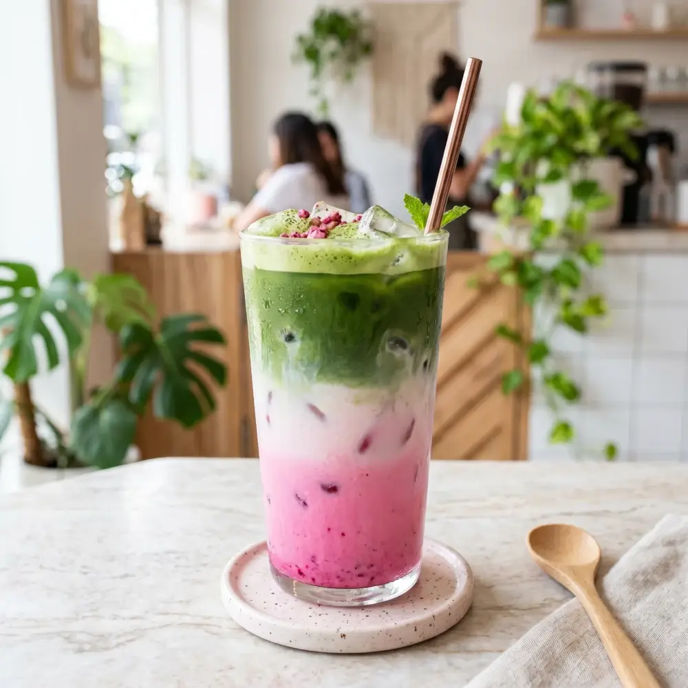 Warstwowy napój mleczny łączący klasyczną, zieloną herbatę z różową dragon fruit matcha