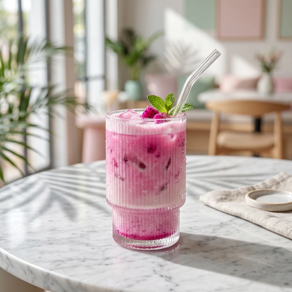 Estetyczna, mrożona pink matcha latte ze szklaną rurką, oświetlona promieniami słońca