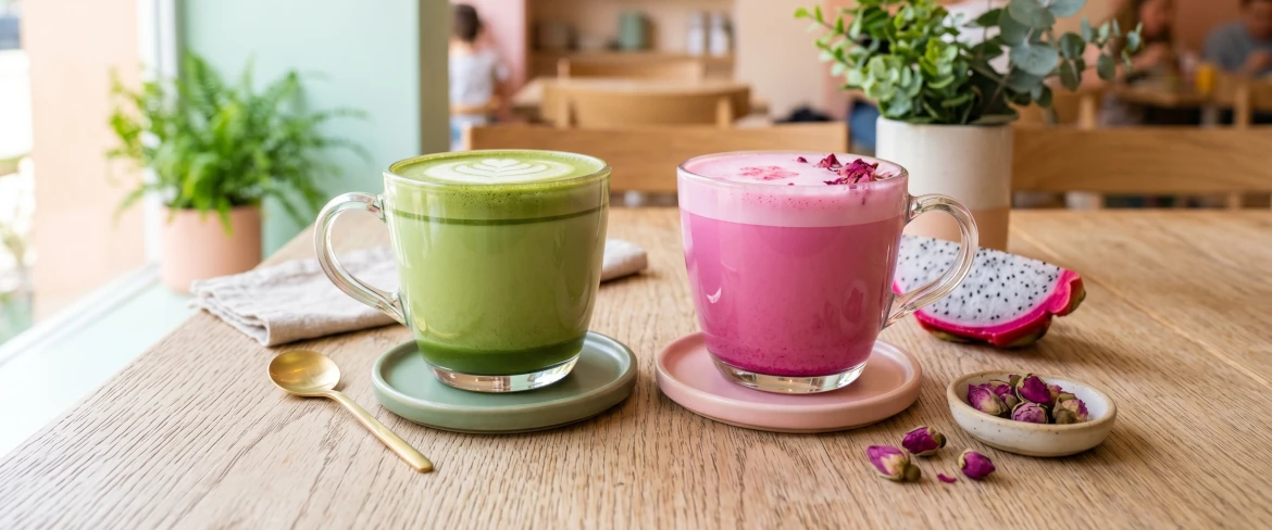 Porównanie tradycyjnej zielonej herbaty matcha i różowego napoju matcha dragon fruit w szklanych kubkach