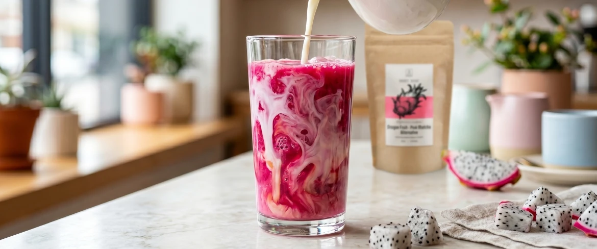 Przygotowanie napoju pink matcha dragon fruit poprzez wlewanie spienionego mleka do różowej bazy