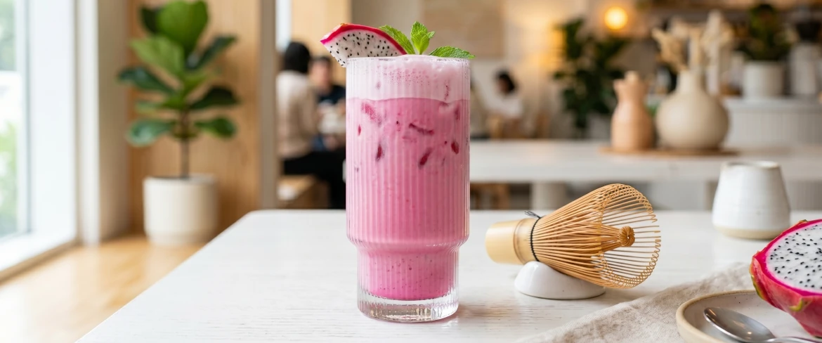 Zimna pink matcha latte w prążkowanej szklance z lodem oraz tradycyjna bambusowa miotełka chasen