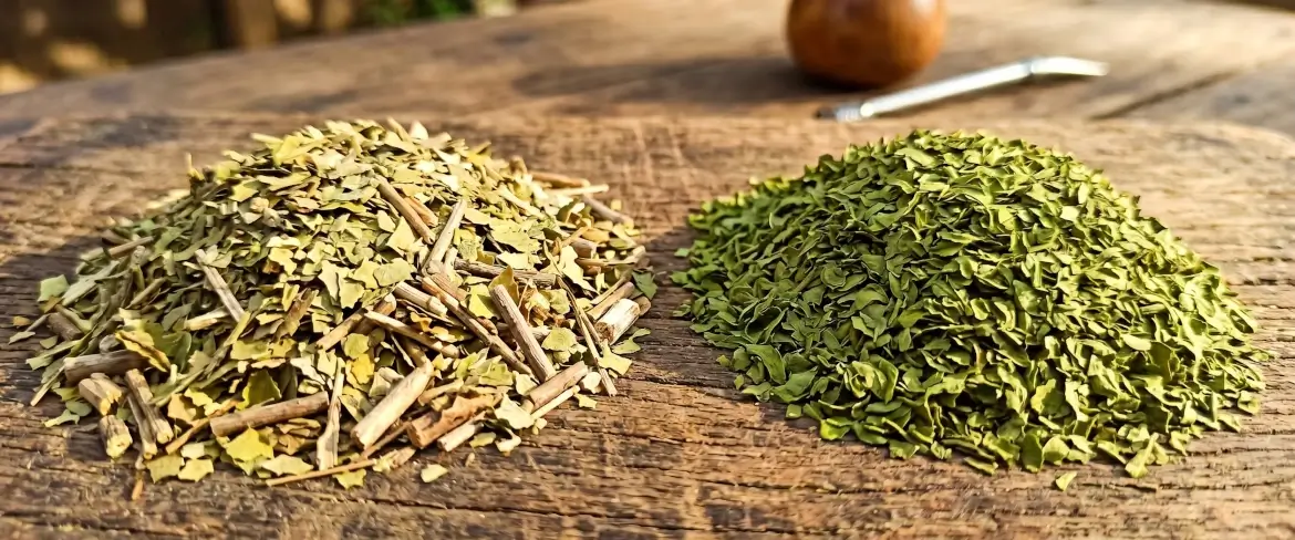 Porównanie struktury suszu: po lewej klasyczna yerba mate elaborada z patyczkami, po prawej zielona yerba mate despalada bez patyczków
