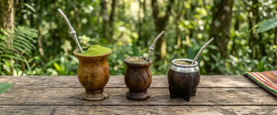 Tradycyjne sposoby picia z różnych regionów: klasyczna yerba mate argentyńska, yerba mate paragwajska oraz brazylijskie chimarrao