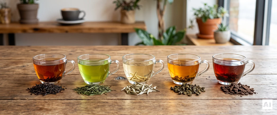 Pięć filiżanek herbaty czarnej, zielonej, białej, oolong i pu-erh.