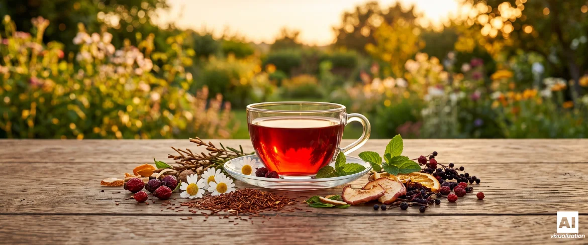 Bezkofeinowy napar rooibos z owocami, rumiankiem i miętą na drewnianym stole.