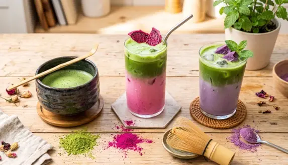 Matcha latte w odcieniach zieleni, różu i fioletu z akcesoriami do matchy.