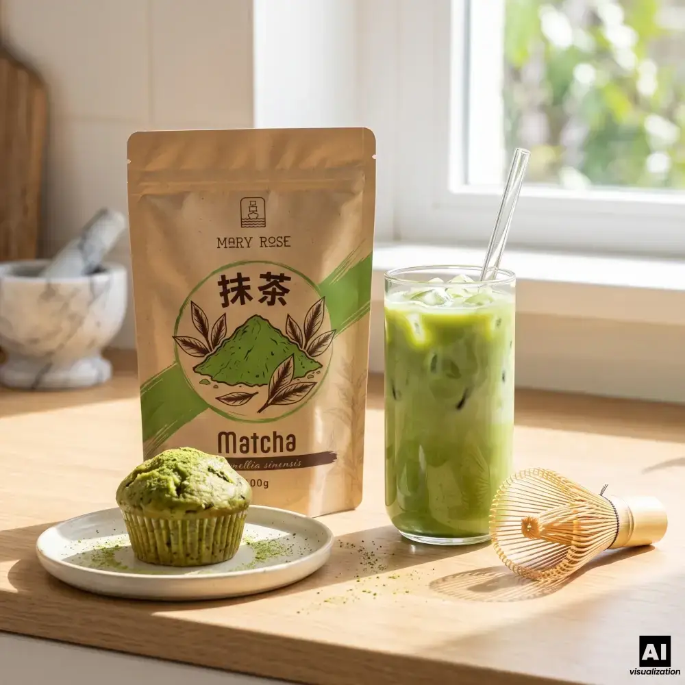 Chińska matcha kulinarna Mary Rose w doypacku z zielonym latte, muffinem i chasenem.