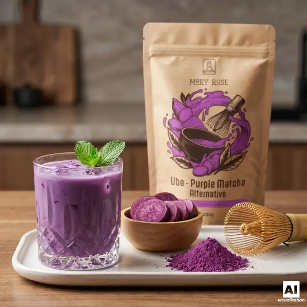 Fioletowa ube matcha Mary Rose w doypacku z fioletowym latte, batatem i bambusową miotełką.