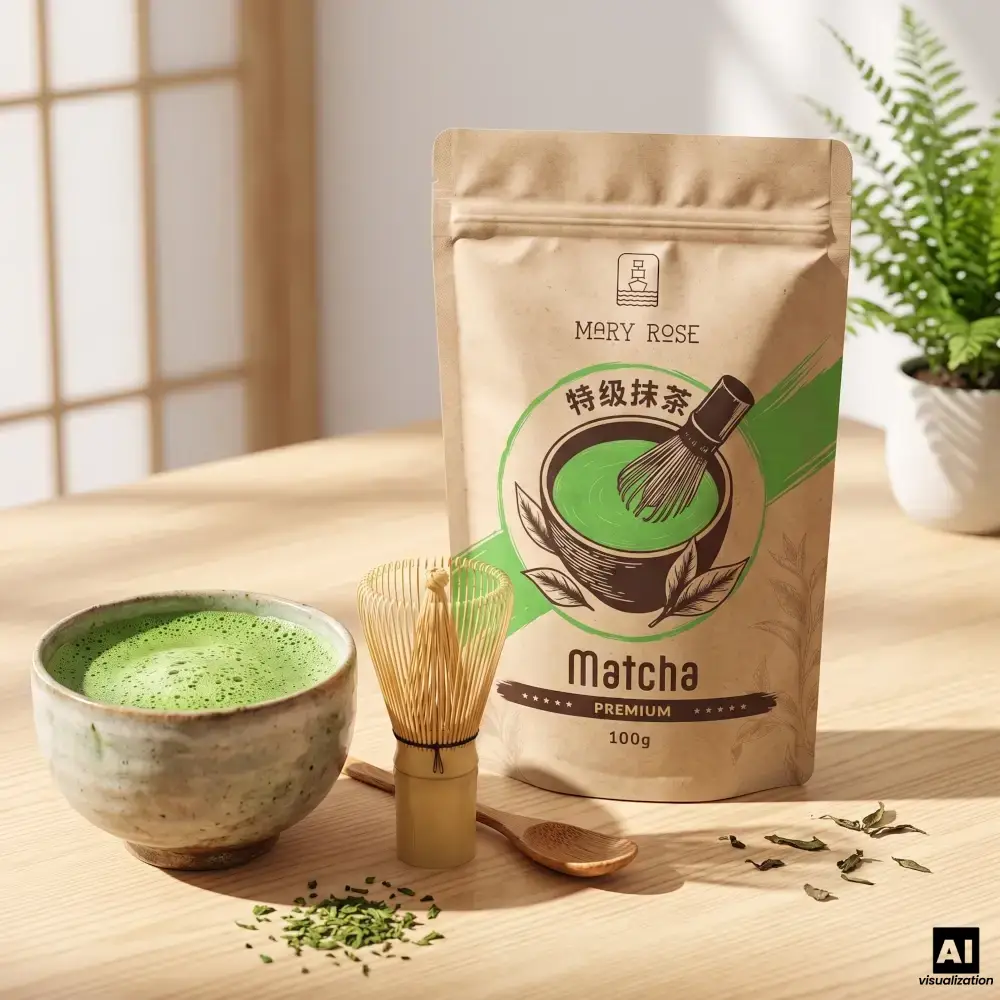Chińska matcha premium Mary Rose w doypacku z czarką zielonego naparu i akcesoriami.